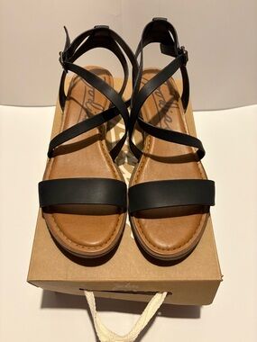 Zodiac Black Strappy Wedge Sandals with Tan Footbed